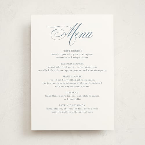 This is a dusty blue part menus with standard by Jennifer Postorino called empire printing on signature in standard