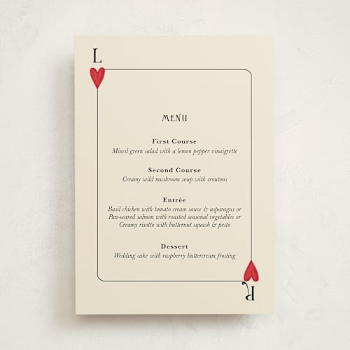 This is a champagne part menus with standard by Helena Vitto called red hearts printing on signature in standard