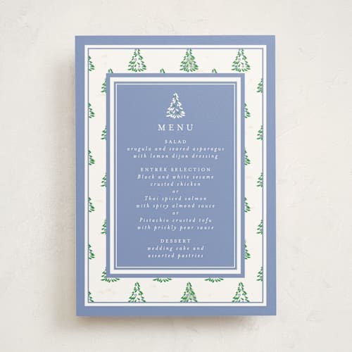 This is a provincial blue part menus with standard by Corinne Malesic called little trees printing on signature in standard