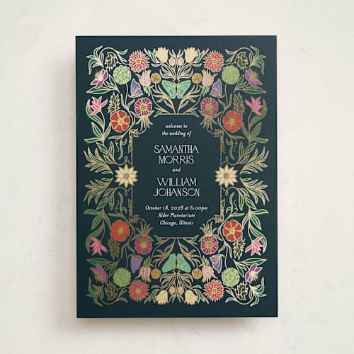 This is a midnight garden unique wedding programs with foil pressed by Simona Camp called gilded tapestry printing on signature in folded