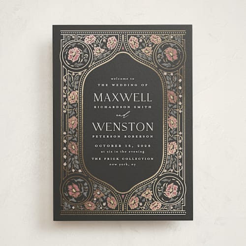 This is a ebony unique wedding programs with foil pressed by Ana de Sousa called timeless nature printing on signature in folded