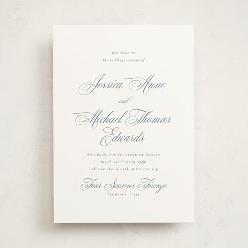 This is a dusty blue unique wedding programs with standard by Jennifer Postorino called empire printing on signature in folded