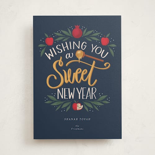 This is a navy rosh hashanah cards with standard by Cindy Reynolds called sweet new year printing on signature in standard