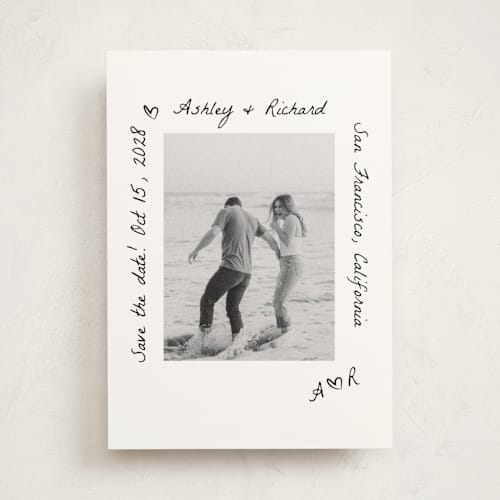 This is a graphite save the date photo mount cards with standard by Claudia Orengo called showered printing on doublethick in photo_mount