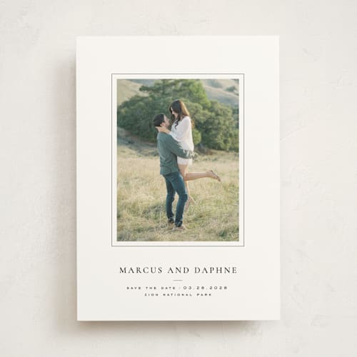 This is a ink save the date photo mount cards with standard by Wildfield Paper Co called daisies printing on party paper in photo_mount