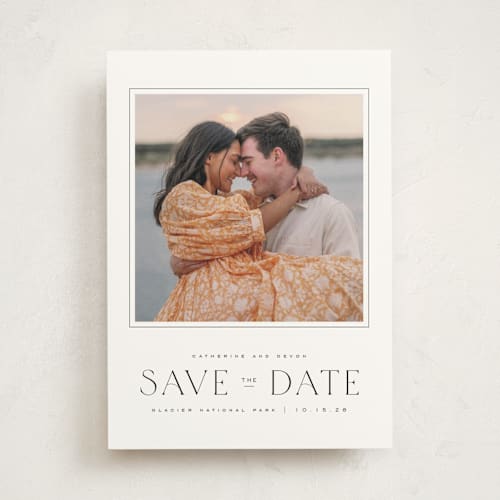 This is a ink save the date photo mount cards with standard by Wildfield Paper Co called glacier printing on party paper in photo_mount