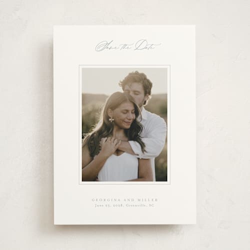 This is a dusty blue save the date photo mount cards with standard by Stacey Meacham called modern air printing on party paper in photo_mount