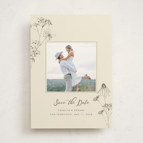This is a sandpaper save the date photo mount cards with standard by Baumbirdy called sketched florals printing on party paper in photo_mount
