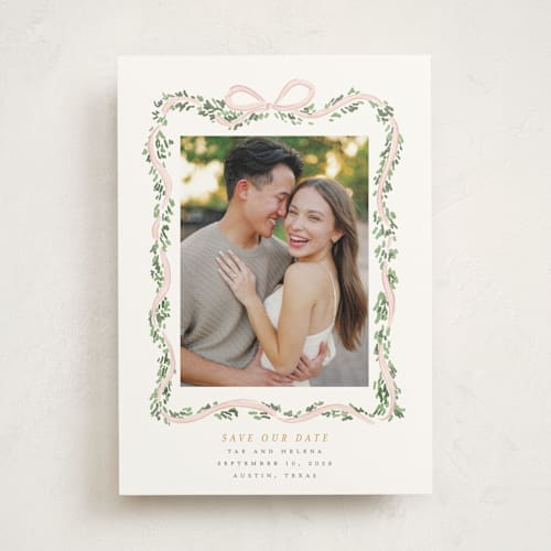 This is a blush save the date photo mount cards with standard by Itsy Belle Studio called ribbonly frame printing on doublethick in photo_mount