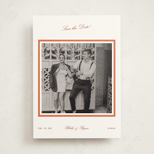 This is a orange peel save the date with standard by Megan Davis called miro printing on doublethick in photo_mount