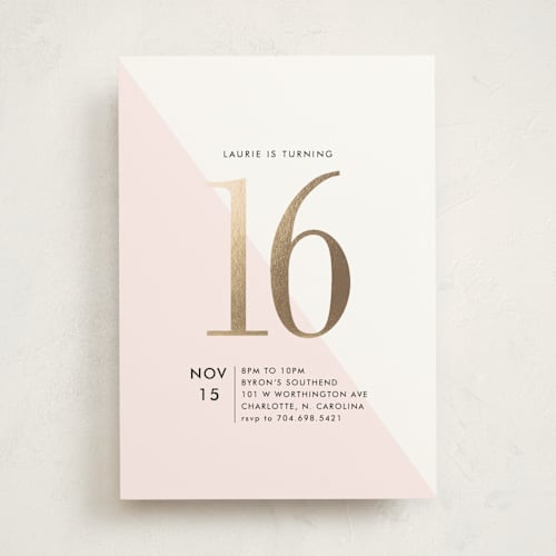 This is a cotton candy sweet sixteen birthday party invitations with foil pressed by Alethia Frye called colorblock party printing on signature in standard