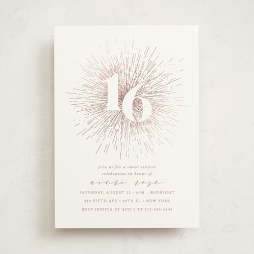 This is a cocoa sweet sixteen birthday party invitations with foil pressed by Ana Sharpe called starburst printing on signature in standard