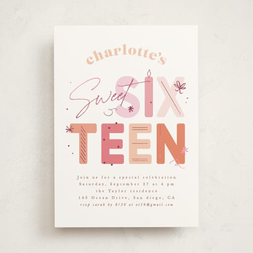 This is a rose sweet sixteen birthday party invitations with foil pressed by Creo Study called sixteen type printing on signature in standard