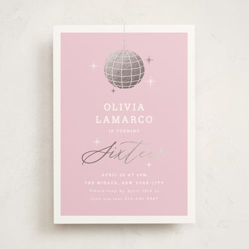 This is a blush sweet sixteen birthday party invitations with foil pressed by Yolanda Mariak Chendak called discotheque printing on signature in standard