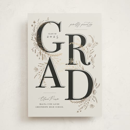 This is a ecru graduation announcements with foil pressed by Corie Page called floral flourish printing on signature in standard