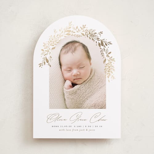 This is a fawn foil stamped birth announcements with foil pressed by Susan Zinader called floral arch printing on smooth signature in standard