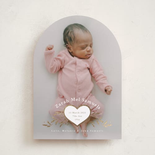 This is a snow foil stamped birth announcements with foil pressed by letterfix called heart crest printing on smooth signature in standard