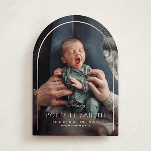 This is a linen foil stamped birth announcements with foil pressed by Erica Krystek called classic arch printing on recycled smooth signature in standard