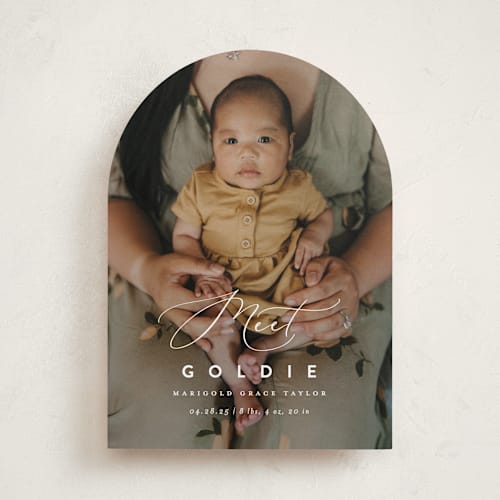 This is a linen birth announcements with standard by Erica Krystek called modern meet printing on smooth signature in standard
