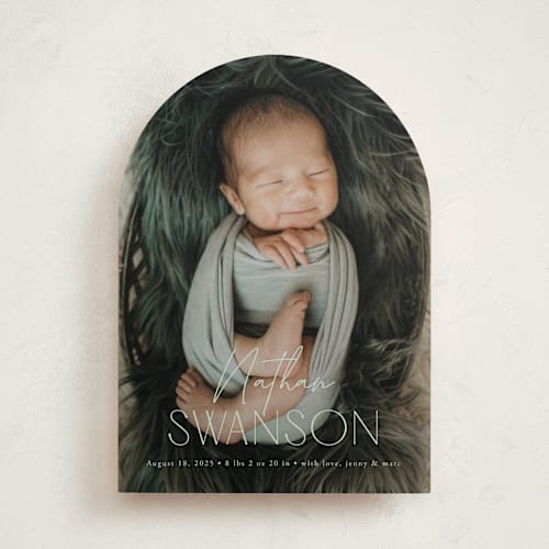 This is a mint birth announcements with standard by Yaling Hou Suzuki called focus printing on recycled smooth signature in standard