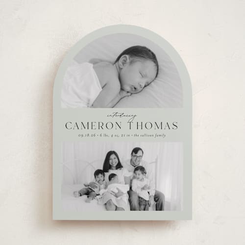 This is a sage birth announcements with standard by Ashley Iwafuchi called simply introducing printing on recycled smooth signature in standard