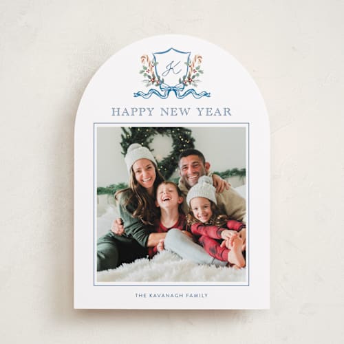 This is a blue spruce photo christmas cards with standard by Cass Loh called family crest printing on recycled smooth signature in standard
