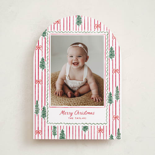 This is a stocking photo christmas cards with standard by Creo Study called trees and bows printing on recycled smooth signature in standard