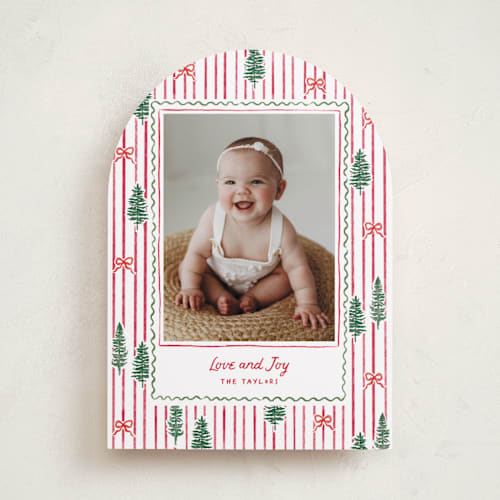 This is a stocking photo christmas cards with standard by Creo Study called trees and bows printing on recycled smooth signature in standard