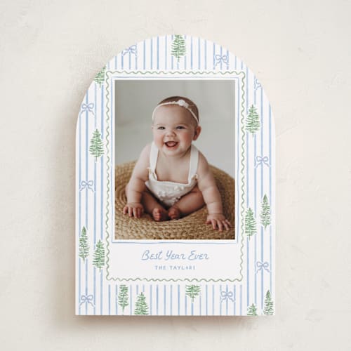 This is a blue jay photo christmas cards with standard by Creo Study called trees and bows printing on recycled smooth signature in standard