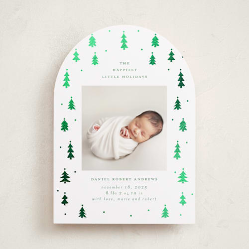 This is a icicle babys first christmas with foil pressed by Jennifer Holbrook called merry little trees printing on recycled smooth signature in standard