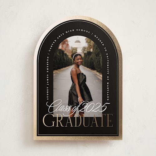 This is a black cap graduation announcements with foil pressed by Erin L. Wilson called commencement printing on recycled smooth signature in standard