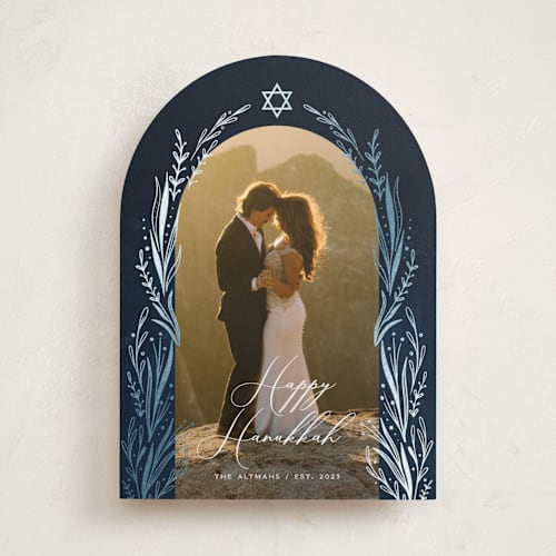 This is a night hanukkah cards with foil pressed by Orasie called floral arch printing on recycled smooth signature in standard