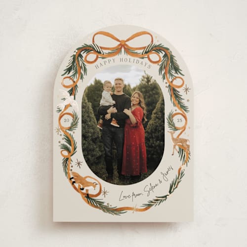 This is a cinnamon foil pressed holiday cards with foil pressed by Elly called winter ribbon printing on recycled smooth signature in standard