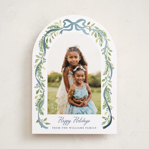 This is a moonlight foil pressed holiday cards with foil pressed by Sarah Knight called ribbon arch printing on recycled smooth signature in standard