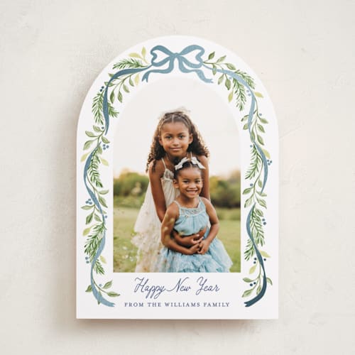 This is a moonlight foil pressed holiday cards with foil pressed by Sarah Knight called ribbon arch printing on recycled smooth signature in standard