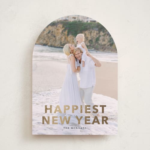 This is a ink foil pressed holiday cards with foil pressed by Angela Thompson called gilded happiness printing on recycled smooth signature in standard