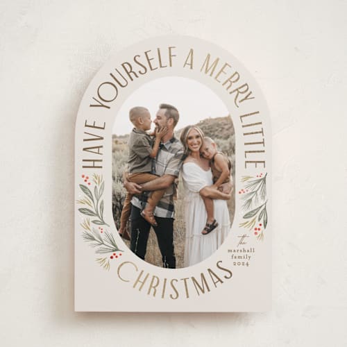 This is a linen foil pressed holiday cards with foil pressed by Karidy Walker called merry little christmas time printing on recycled smooth signature in standard