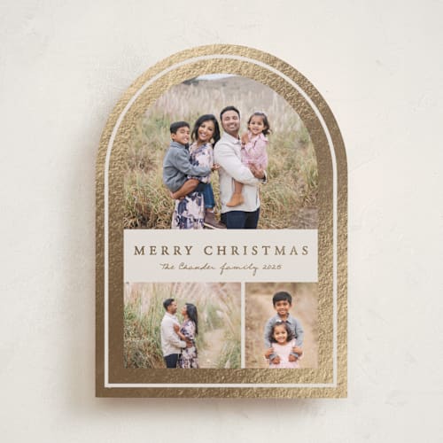 This is a cookie dough foil pressed holiday cards with foil pressed by Brianne Larsen called arch border printing on recycled smooth signature in standard