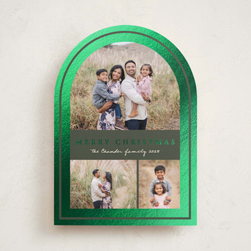 This is a pine foil pressed holiday cards with foil pressed by Brianne Larsen called arch border printing on recycled smooth signature in standard