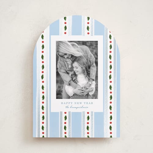 This is a robin's egg foil pressed holiday cards with foil pressed by Baumbirdy called holly frames printing on recycled smooth signature in standard