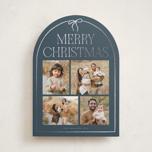 This is a midnight foil pressed holiday cards with foil pressed by Vivian Yiwing called frame bow printing on recycled smooth signature in standard