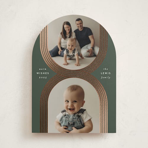 This is a juniper foil pressed holiday cards with foil pressed by Leah Bisch called criss cross printing on recycled smooth signature in standard