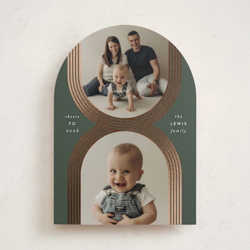 This is a juniper foil pressed holiday cards with foil pressed by Leah Bisch called criss cross printing on recycled smooth signature in standard