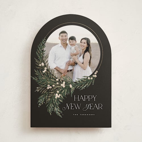 This is a charcoal foil pressed holiday cards with foil pressed by Leah Bisch called wreath frame printing on recycled smooth signature in standard