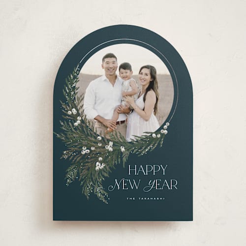This is a blue jay foil pressed holiday cards with foil pressed by Leah Bisch called wreath frame printing on recycled smooth signature in standard