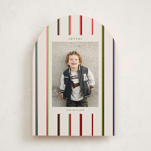 This is a champagne foil pressed holiday cards with foil pressed by Baumbirdy called colorful stripes printing on recycled smooth signature in standard