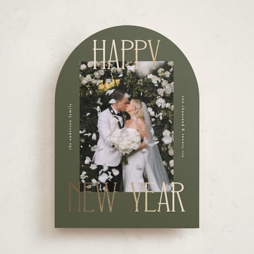 This is a juniper foil pressed holiday cards with foil pressed by Kelly Watkins called maeve printing on recycled smooth signature in standard