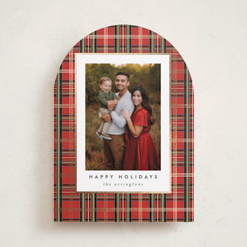 This is a bright berry foil pressed holiday cards with foil pressed by Kristie Kern called plaid shimmer printing on recycled smooth signature in standard