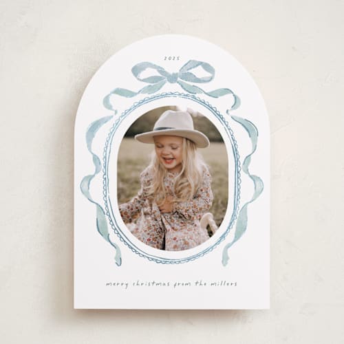 This is a jack frost foil pressed holiday cards with foil pressed by Susan Zinader called whimsical bow printing on recycled smooth signature in standard