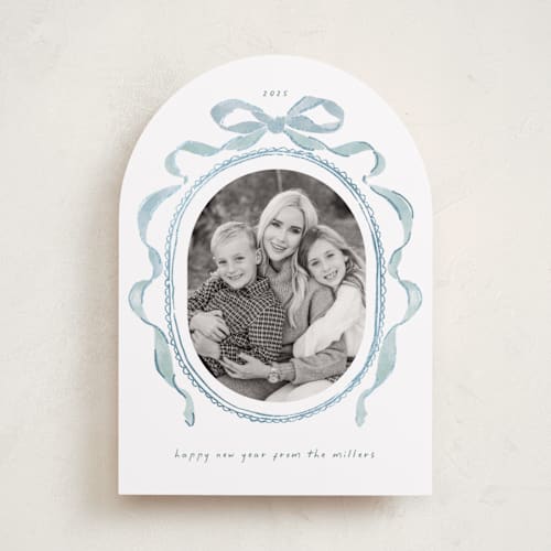 This is a jack frost foil pressed holiday cards with foil pressed by Susan Zinader called whimsical bow printing on recycled smooth signature in standard